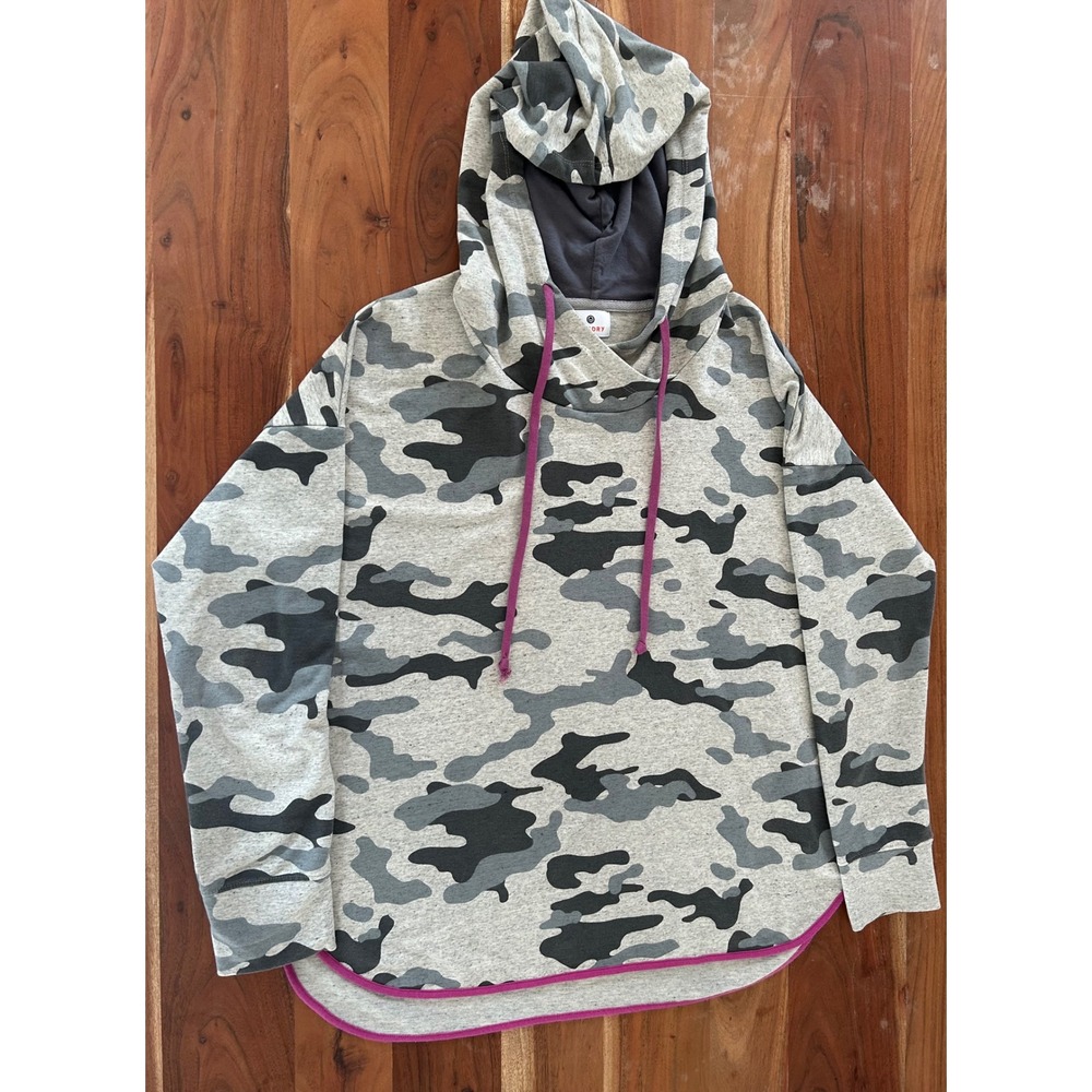 Sundry Camo Print Hoodie Grey Pink Trim French Terry Pullover Size 2 Medium